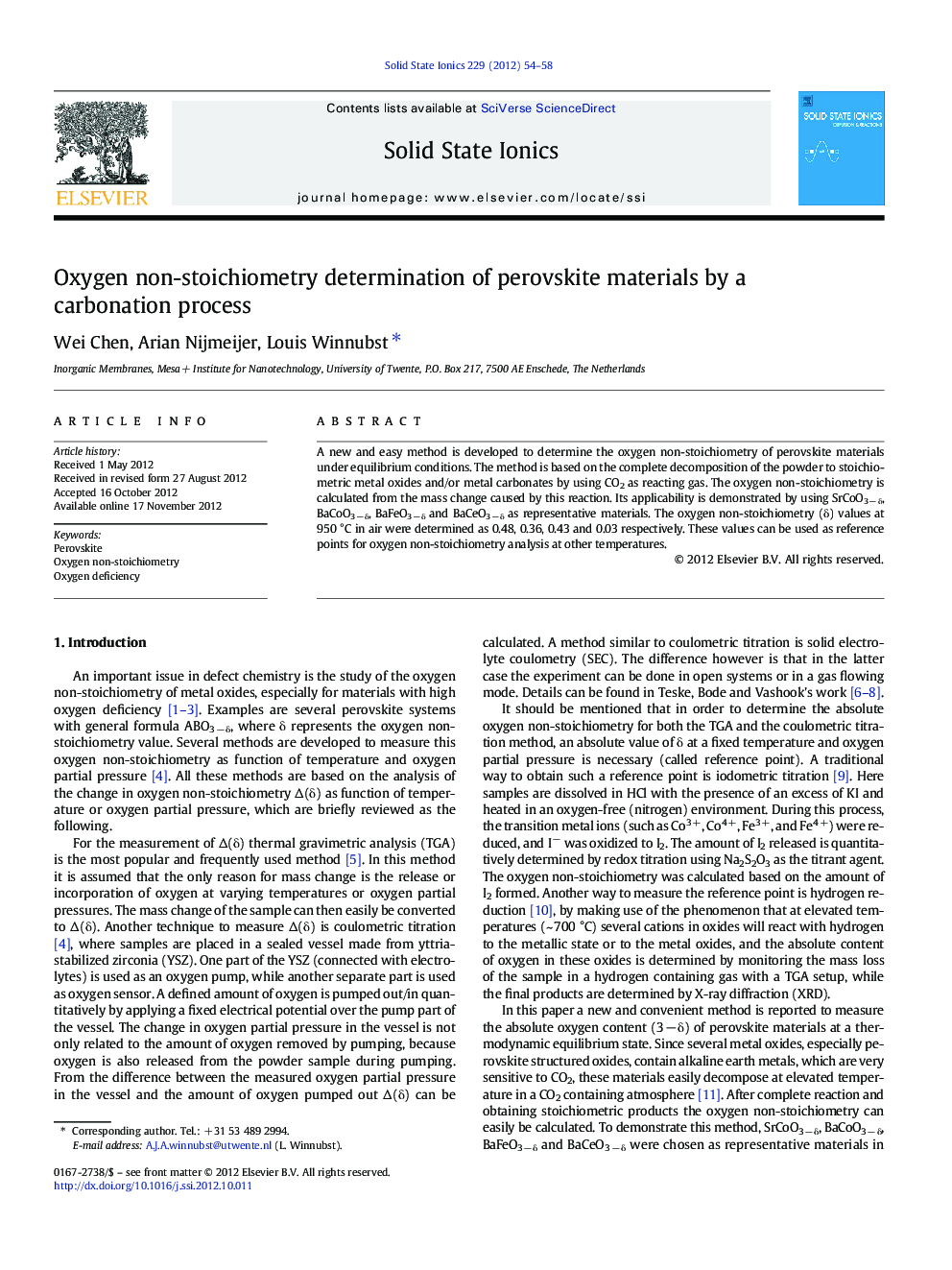 Oxygen non-stoichiometry determination of perovskite materials by a carbonation process