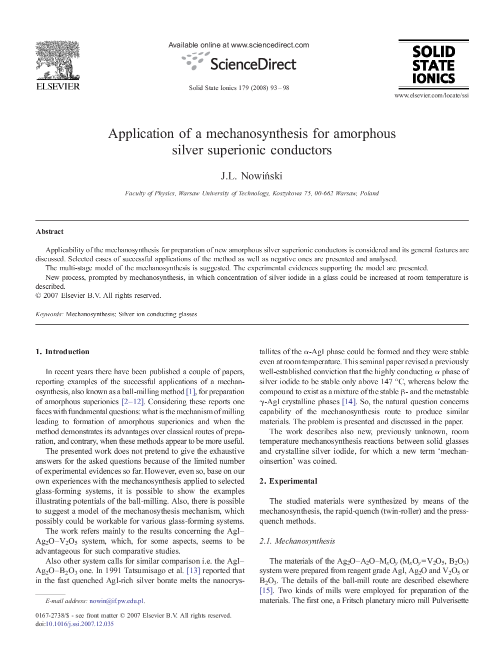 Application of a mechanosynthesis for amorphous silver superionic conductors