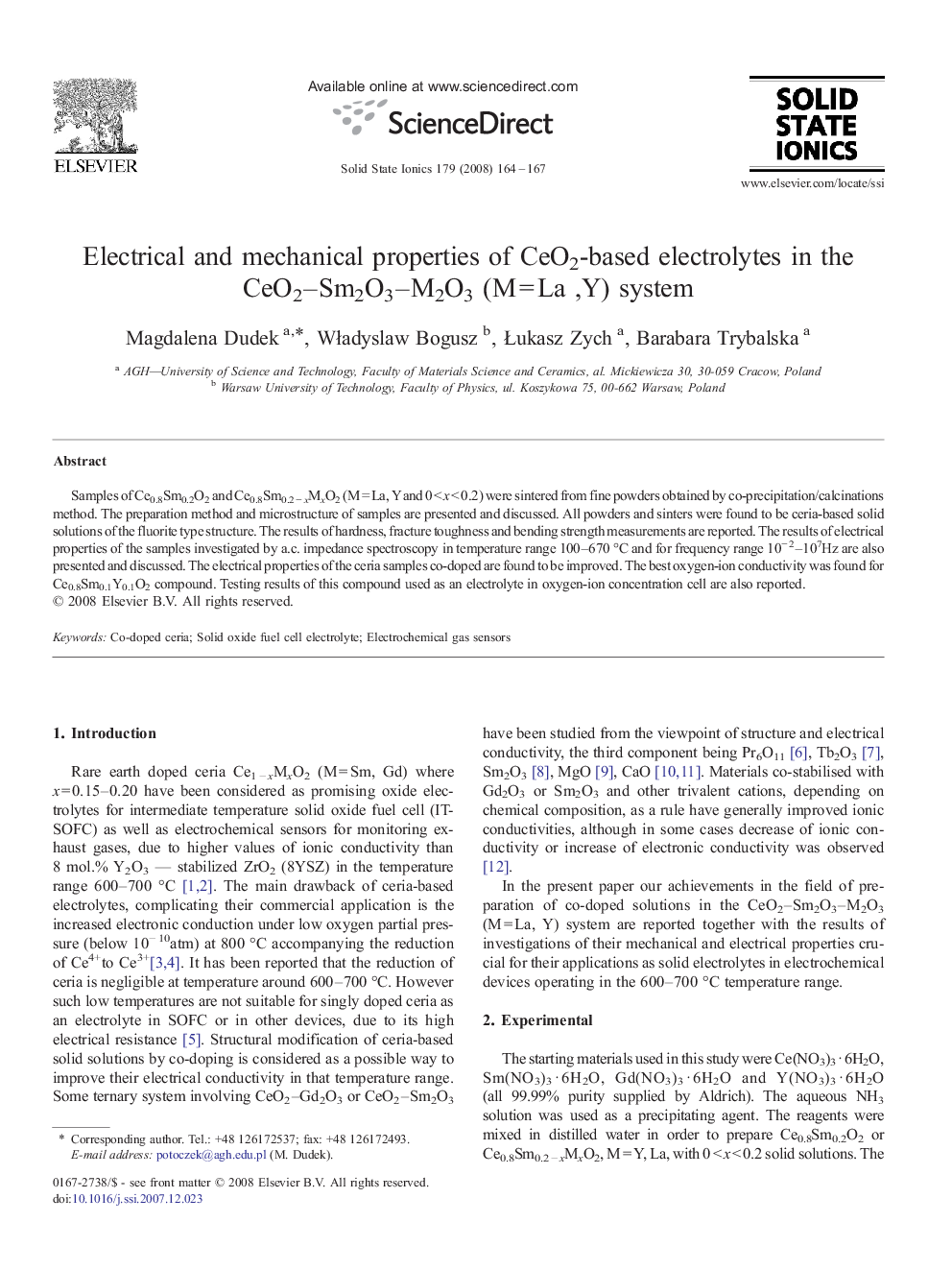 Electrical and mechanical properties of CeO2-based electrolytes in the CeO2–Sm2O3–M2O3 (M = La ,Y) system