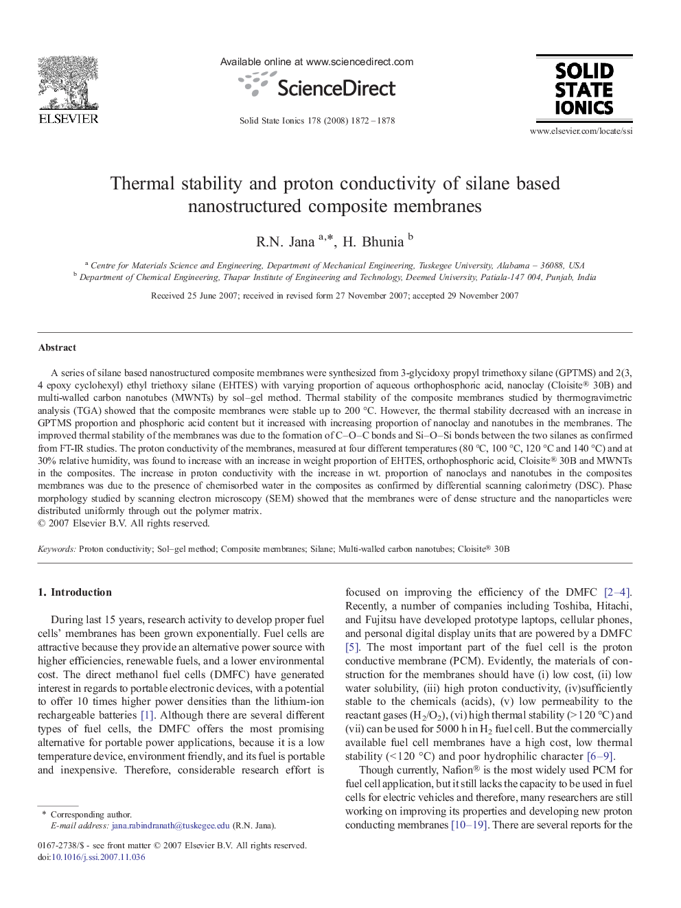 Thermal stability and proton conductivity of silane based nanostructured composite membranes