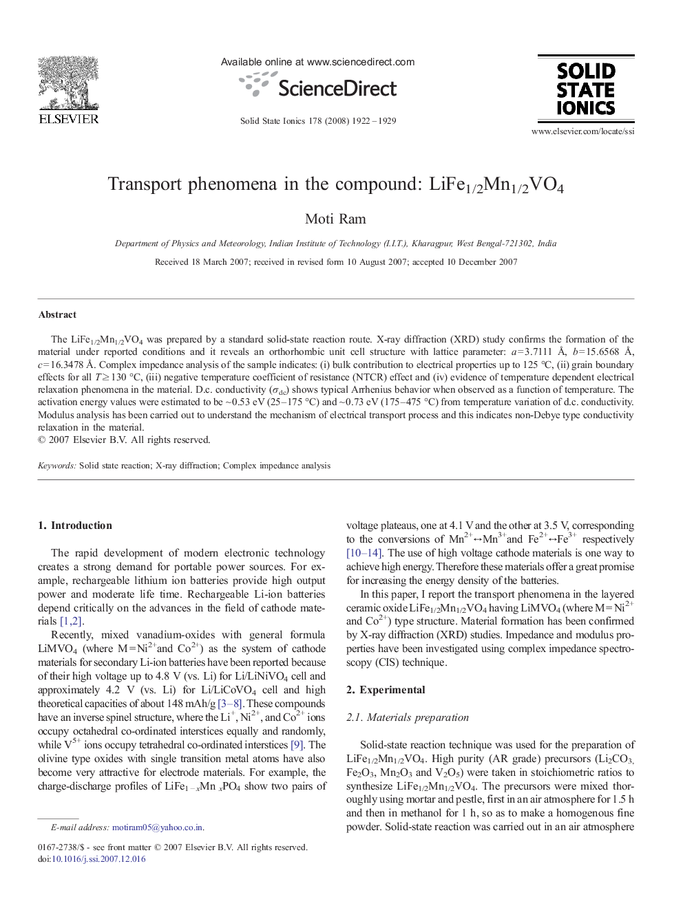 Transport phenomena in the compound: LiFe1/2Mn1/2VO4