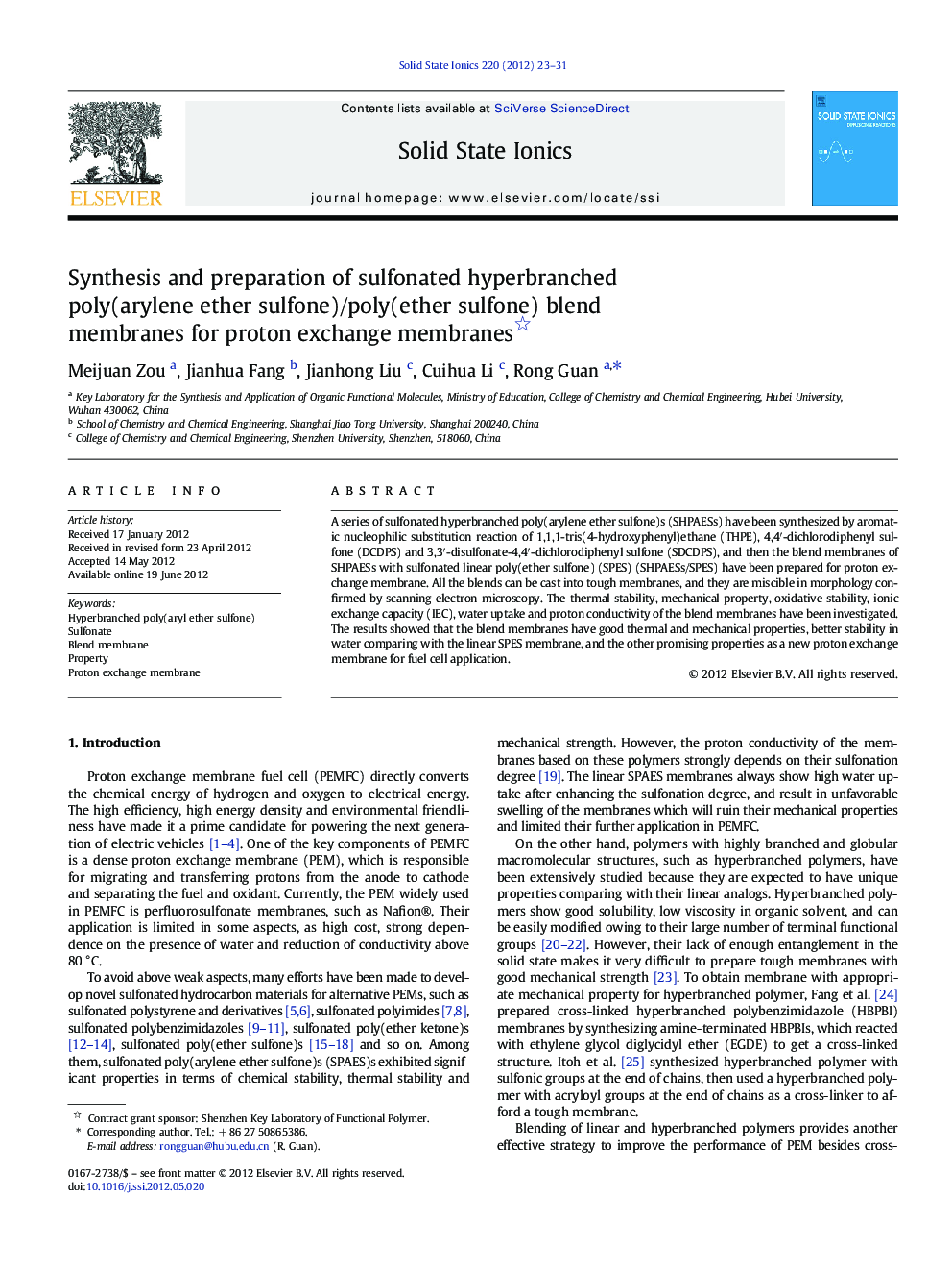 Synthesis and preparation of sulfonated hyperbranched poly(arylene ether sulfone)/poly(ether sulfone) blend membranes for proton exchange membranes 