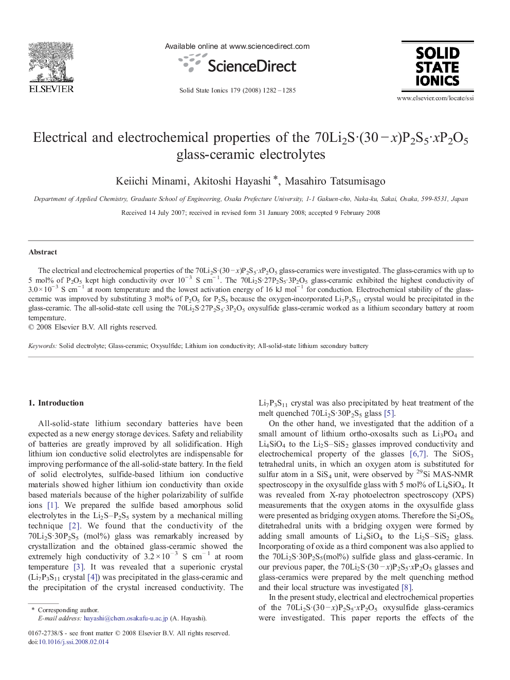 Electrical and electrochemical properties of the 70Li2S·(30 − x)P2S5·xP2O5 glass-ceramic electrolytes