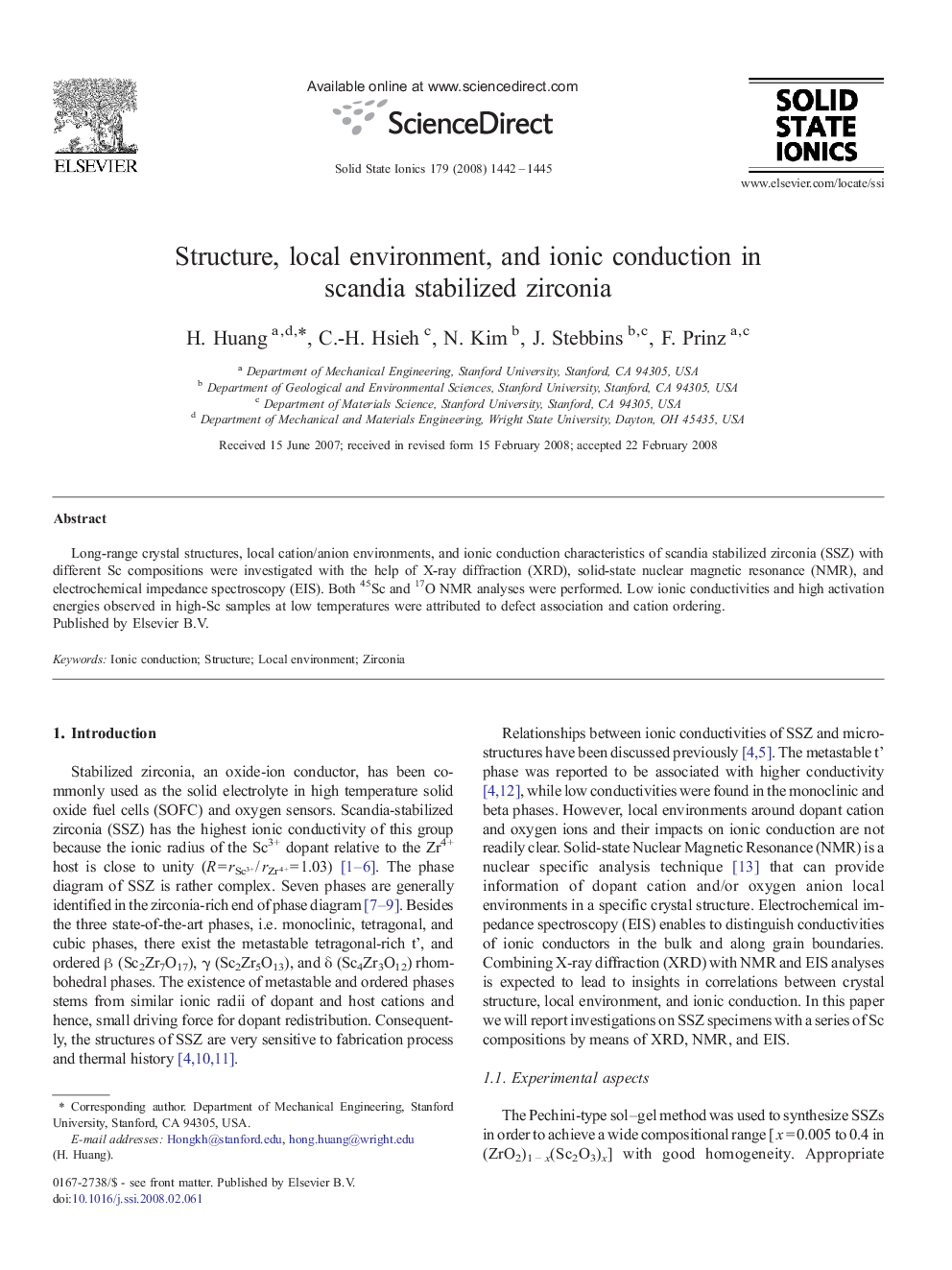 Structure, local environment, and ionic conduction in scandia stabilized zirconia