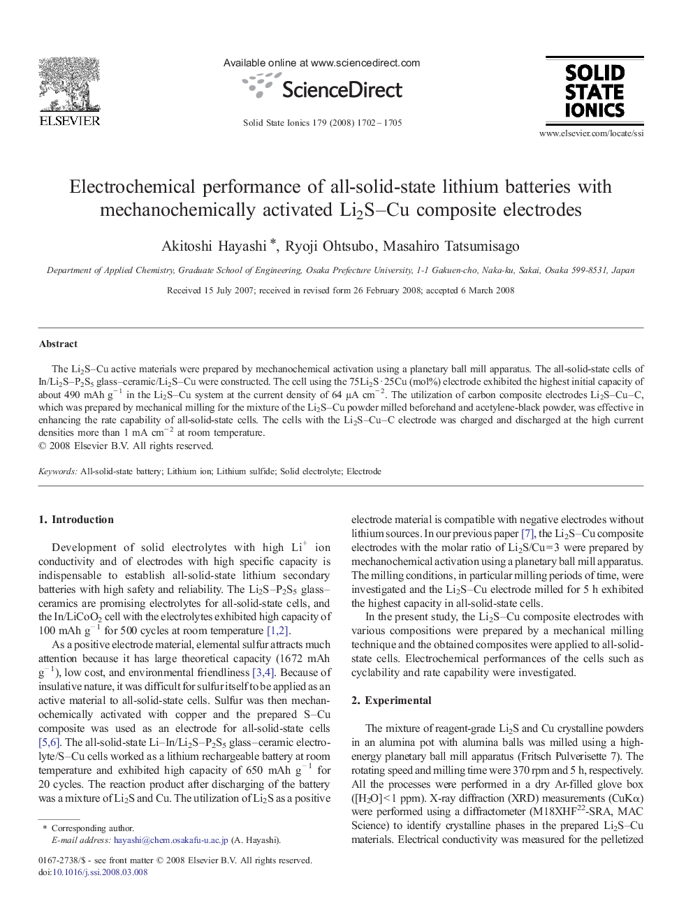 Electrochemical performance of all-solid-state lithium batteries with mechanochemically activated Li2S–Cu composite electrodes