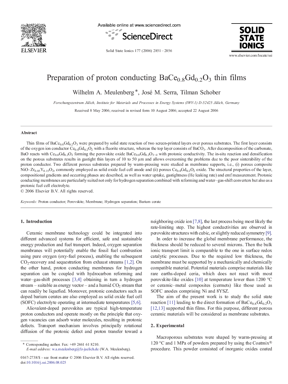 Preparation of proton conducting BaCe0.8Gd0.2O3 thin films