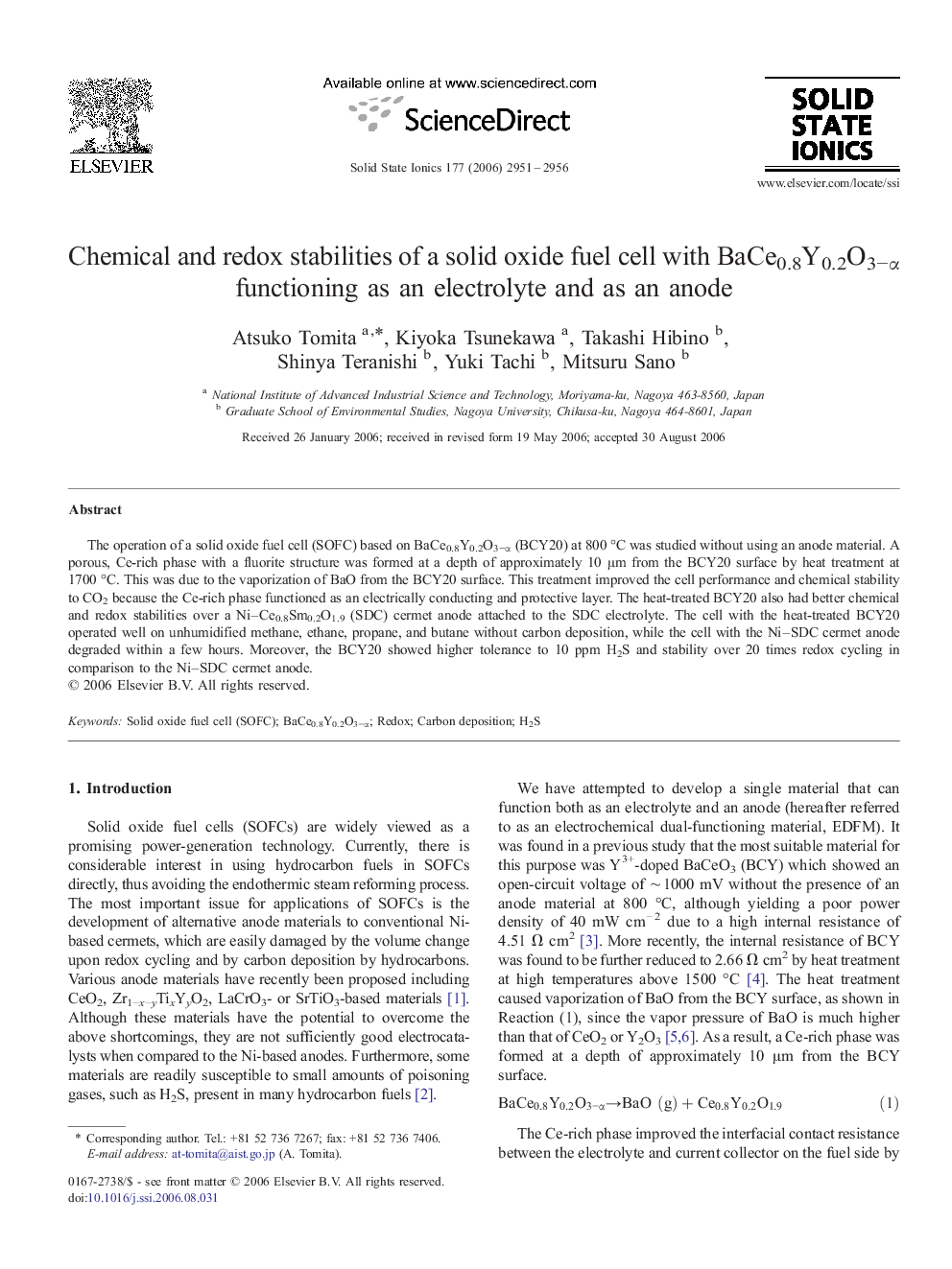 Chemical and redox stabilities of a solid oxide fuel cell with BaCe0.8Y0.2O3−α functioning as an electrolyte and as an anode