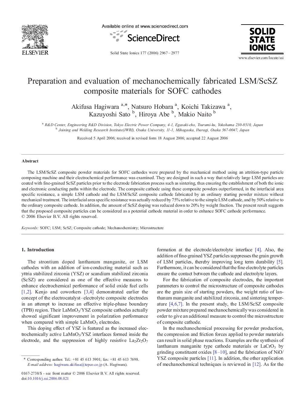 Preparation and evaluation of mechanochemically fabricated LSM/ScSZ composite materials for SOFC cathodes