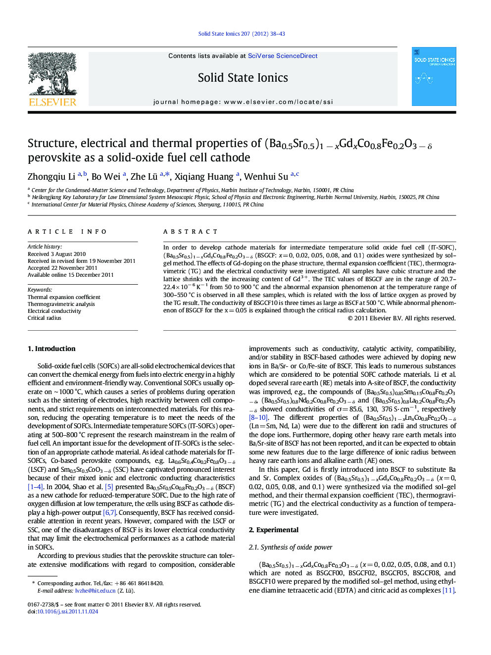 Structure, electrical and thermal properties of (Ba0.5Sr0.5)1 − xGdxCo0.8Fe0.2O3 − δ perovskite as a solid-oxide fuel cell cathode