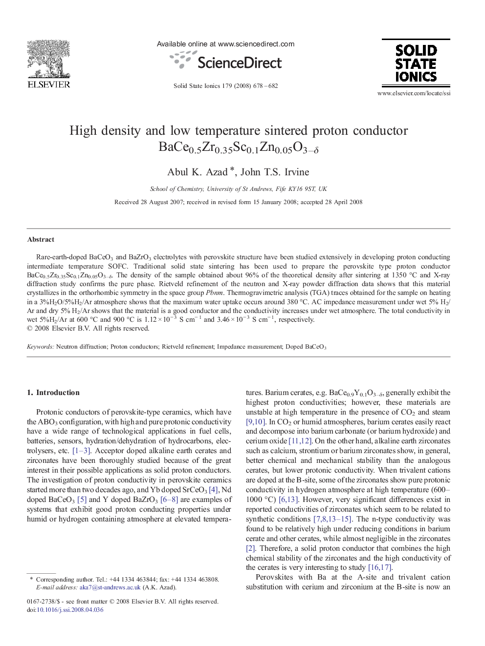 High density and low temperature sintered proton conductor BaCe0.5Zr0.35Sc0.1Zn0.05O3–δ