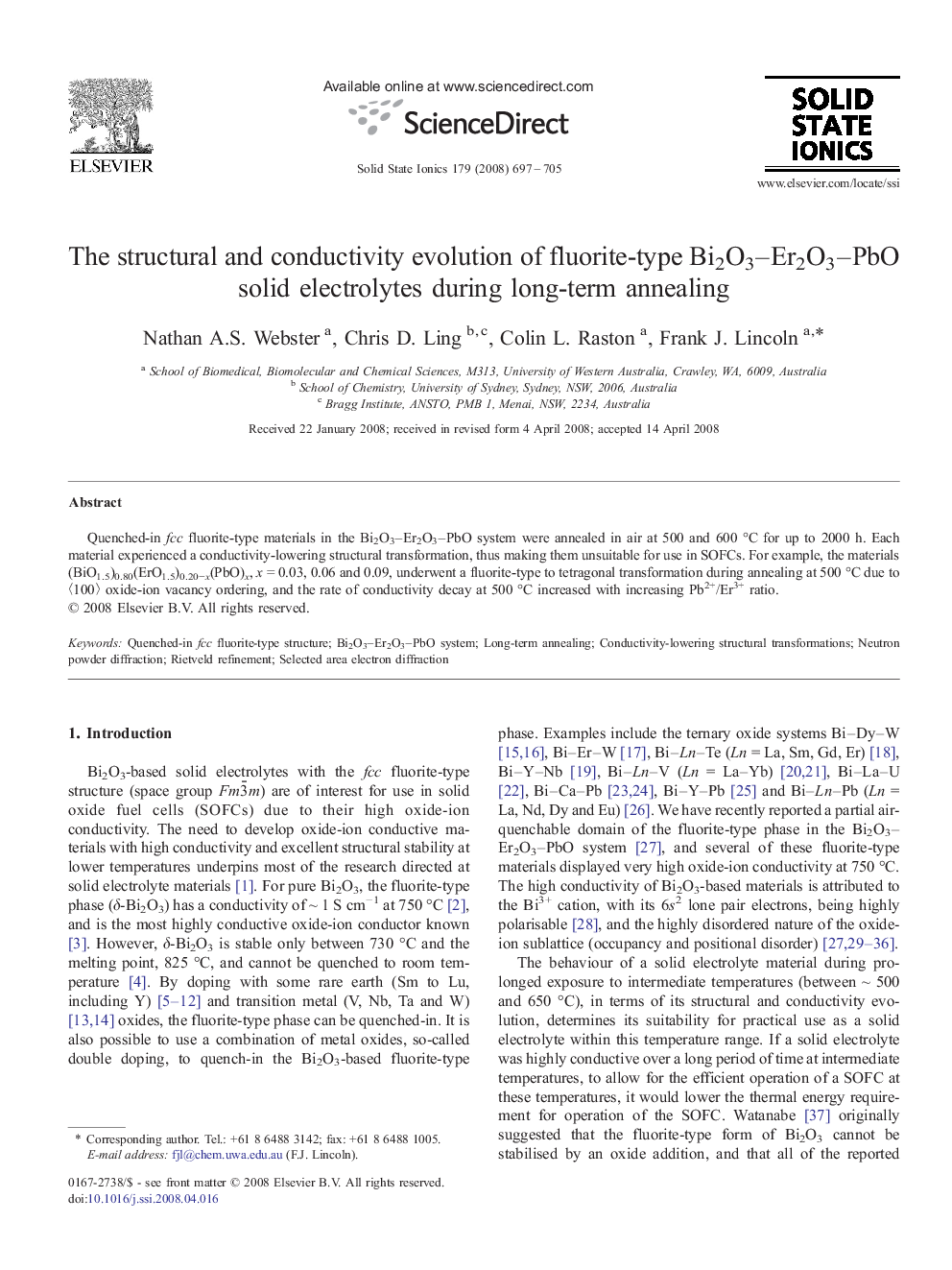 The structural and conductivity evolution of fluorite-type Bi2O3–Er2O3–PbO solid electrolytes during long-term annealing