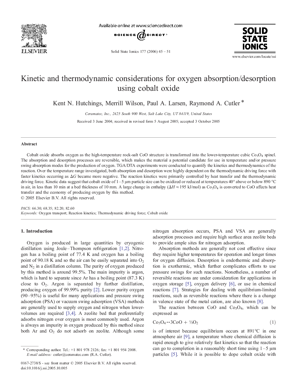 Kinetic and thermodynamic considerations for oxygen absorption/desorption using cobalt oxide