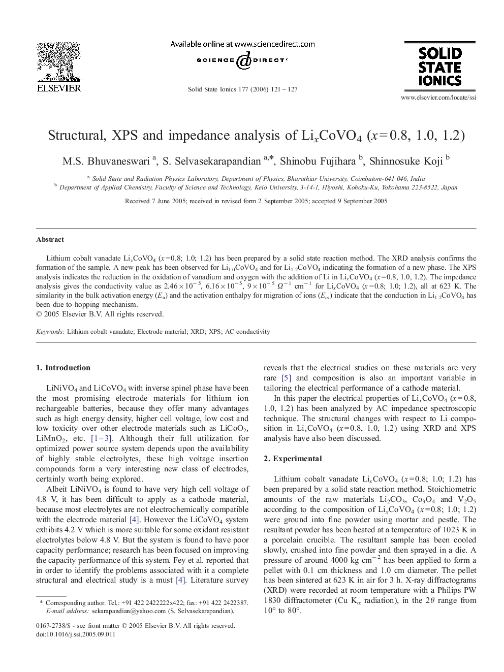 Structural, XPS and impedance analysis of LixCoVO4 (x = 0.8, 1.0, 1.2)