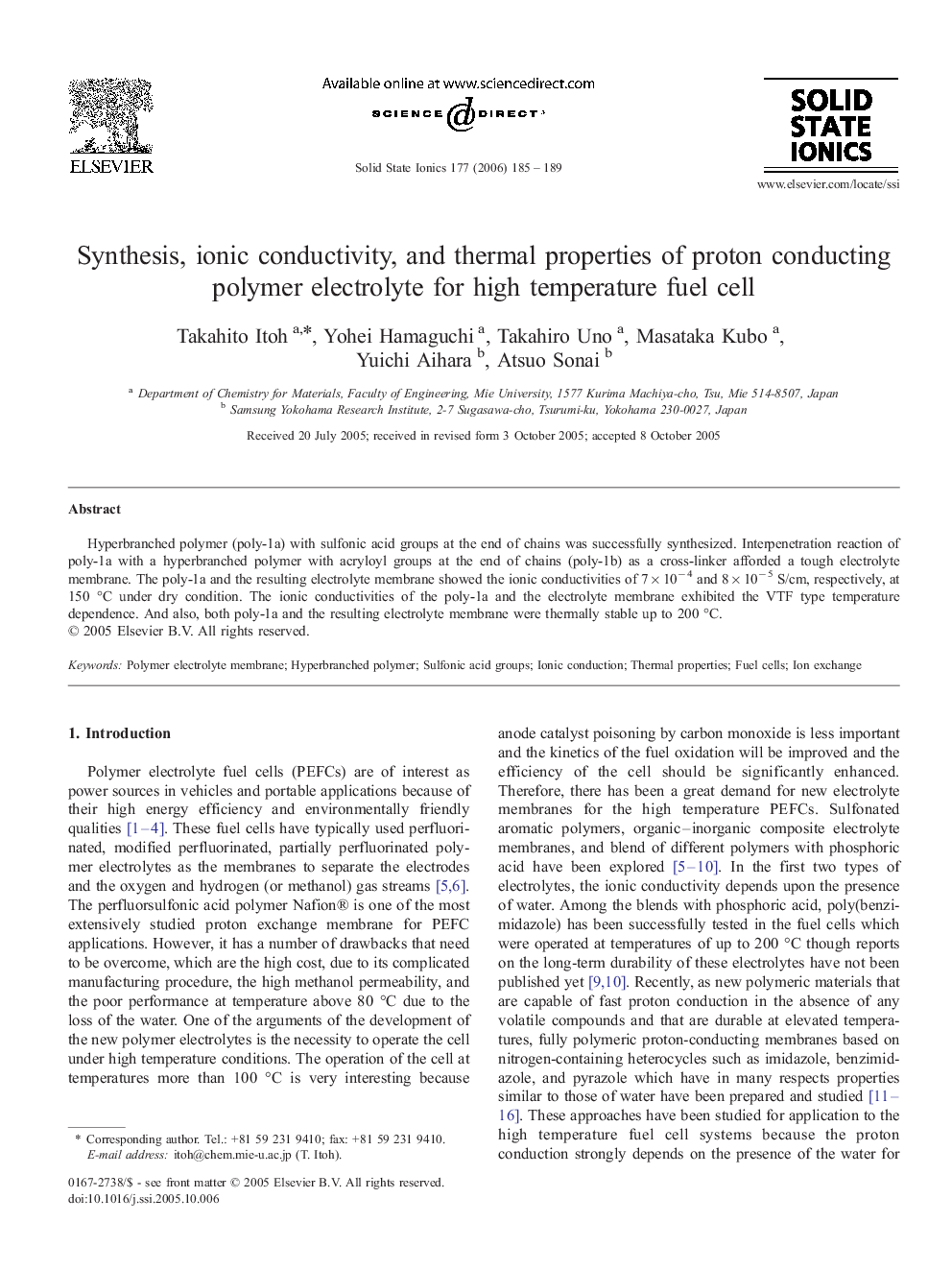 Synthesis, ionic conductivity, and thermal properties of proton conducting polymer electrolyte for high temperature fuel cell