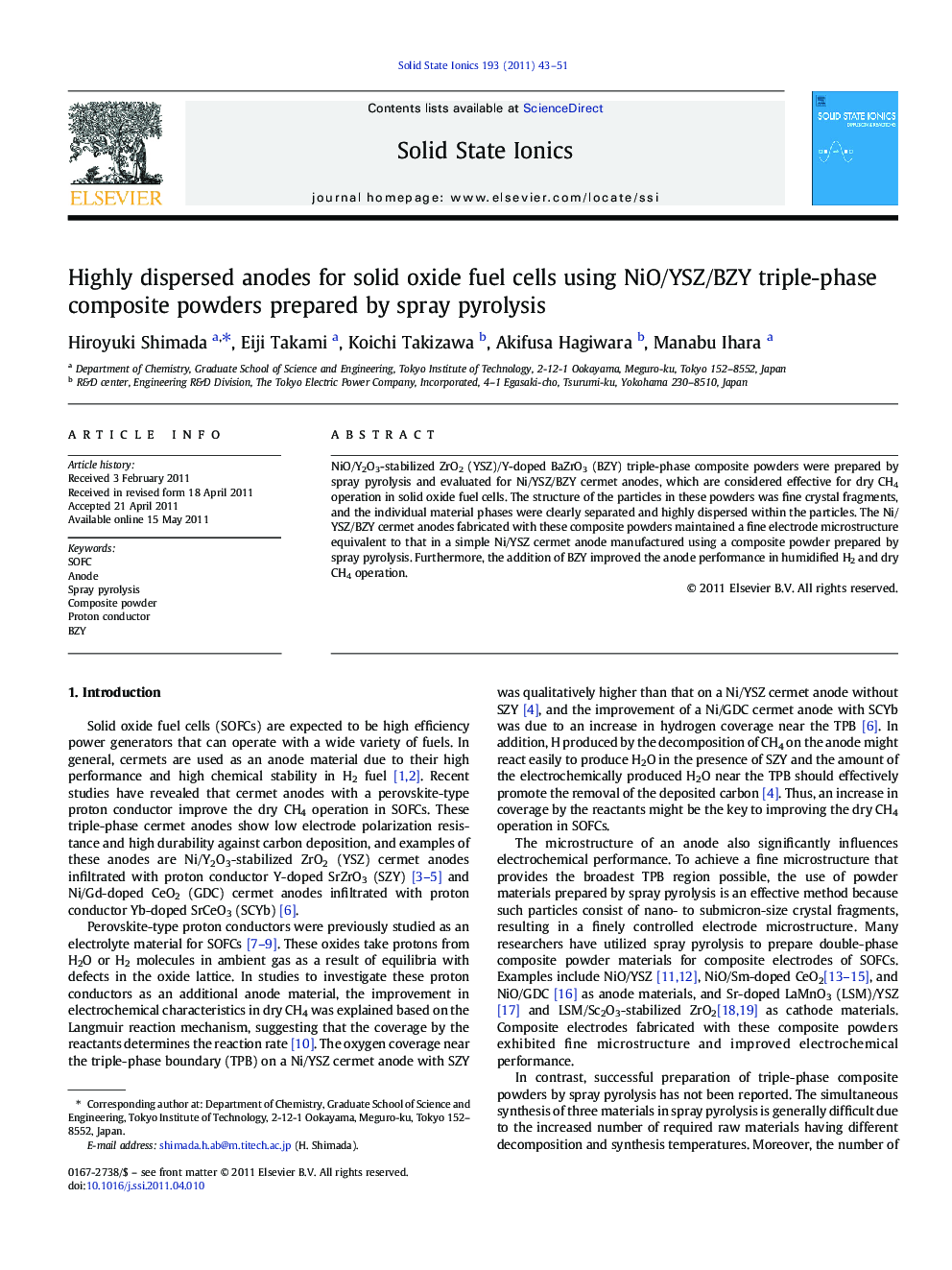 Highly dispersed anodes for solid oxide fuel cells using NiO/YSZ/BZY triple-phase composite powders prepared by spray pyrolysis