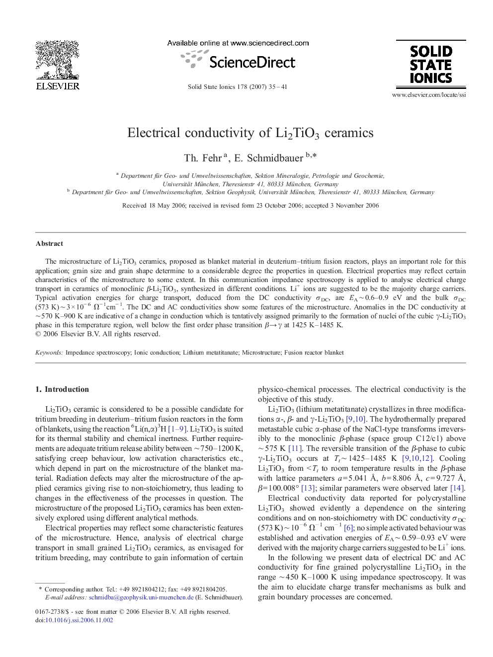 Electrical conductivity of Li2TiO3 ceramics