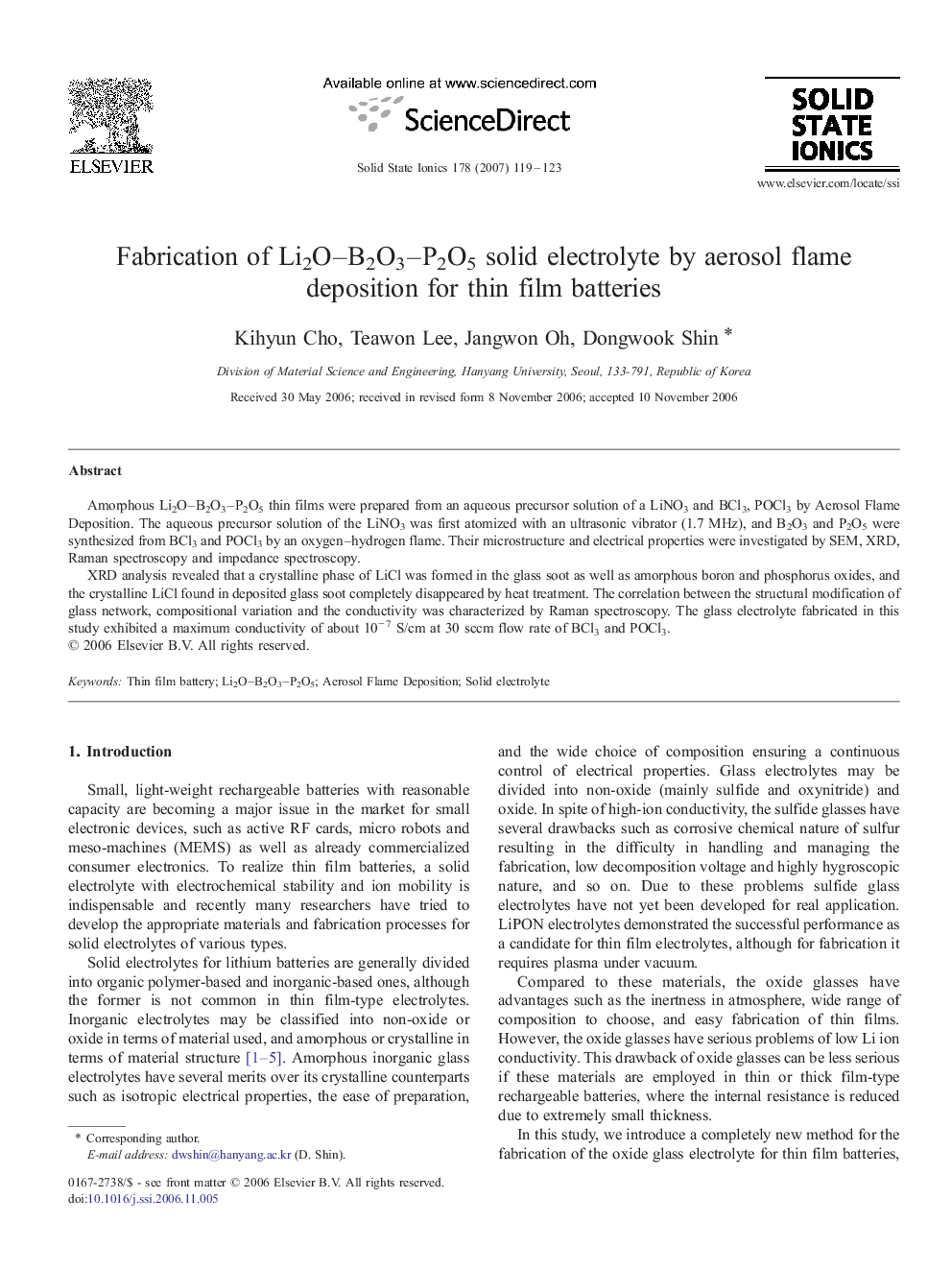 Fabrication of Li2O-B2O3-P2O5 solid electrolyte by aerosol flame deposition for thin film batteries