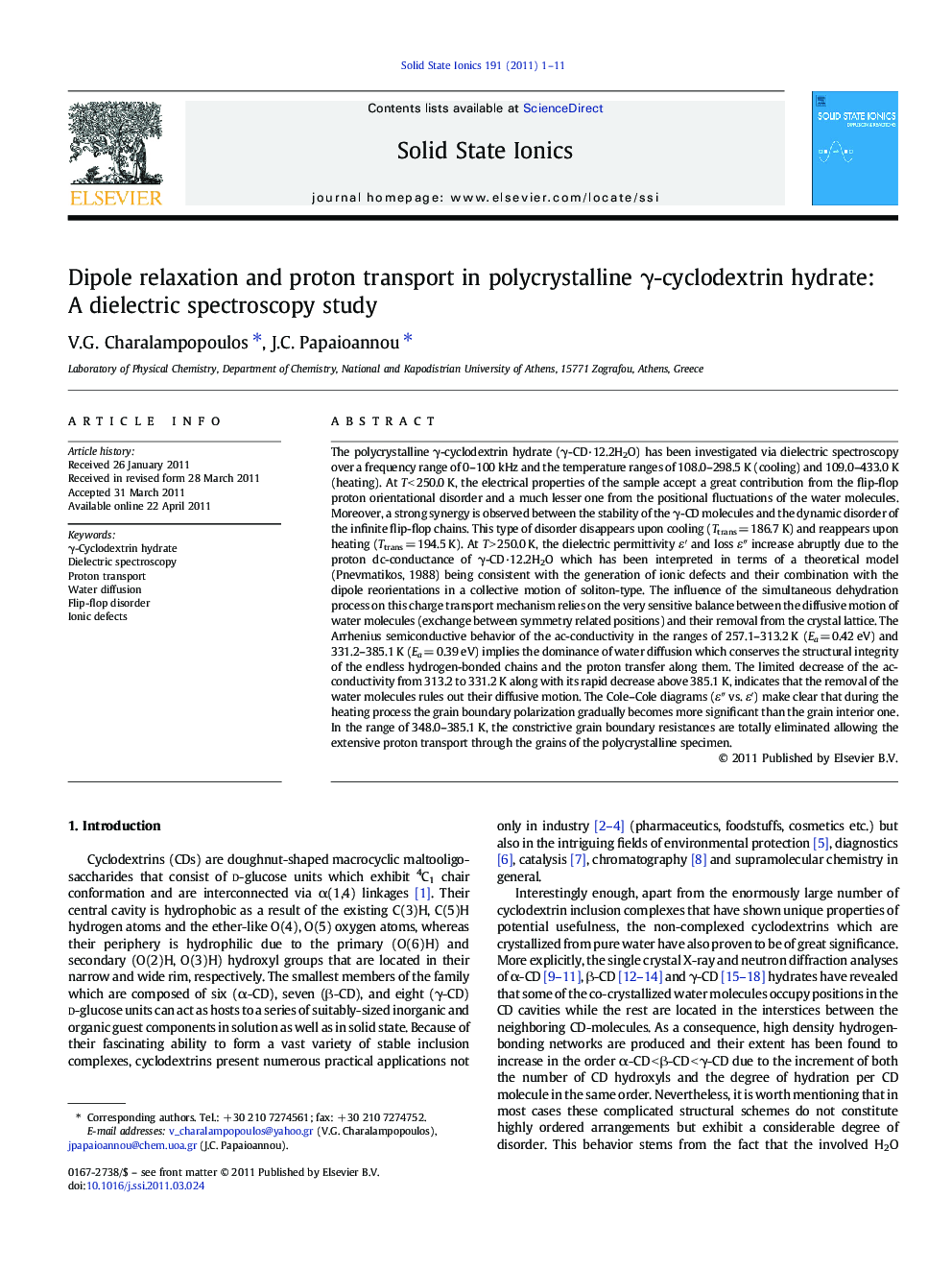 عکس صفحه اول مقاله: Dipole relaxation and proton transport in polycrystalline γ-cyclodextrin hydrate: A dielectric spectroscopy study Dipole relaxation and proton transport in polycrystalline γ-cyclodextrin hydrate: A dielectric spectroscopy study