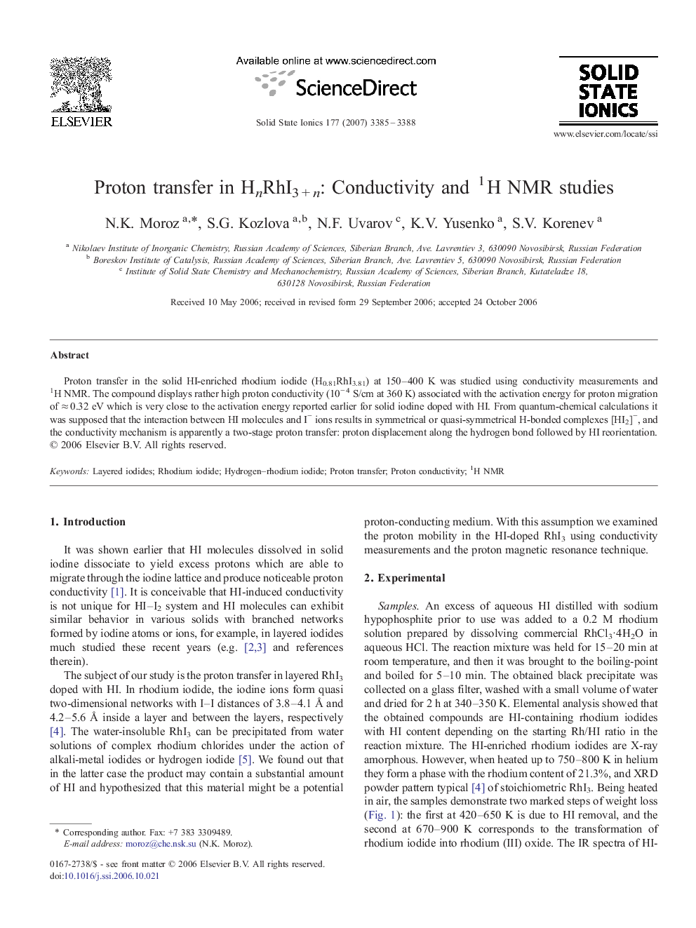 Proton transfer in HnRhI3 + n: Conductivity and 1H NMR studies