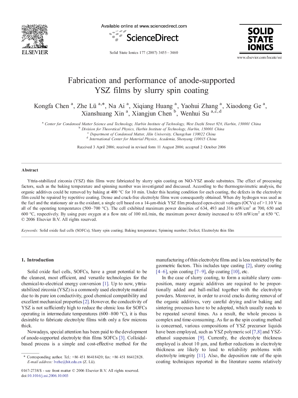 Fabrication and performance of anode-supported YSZ films by slurry spin coating