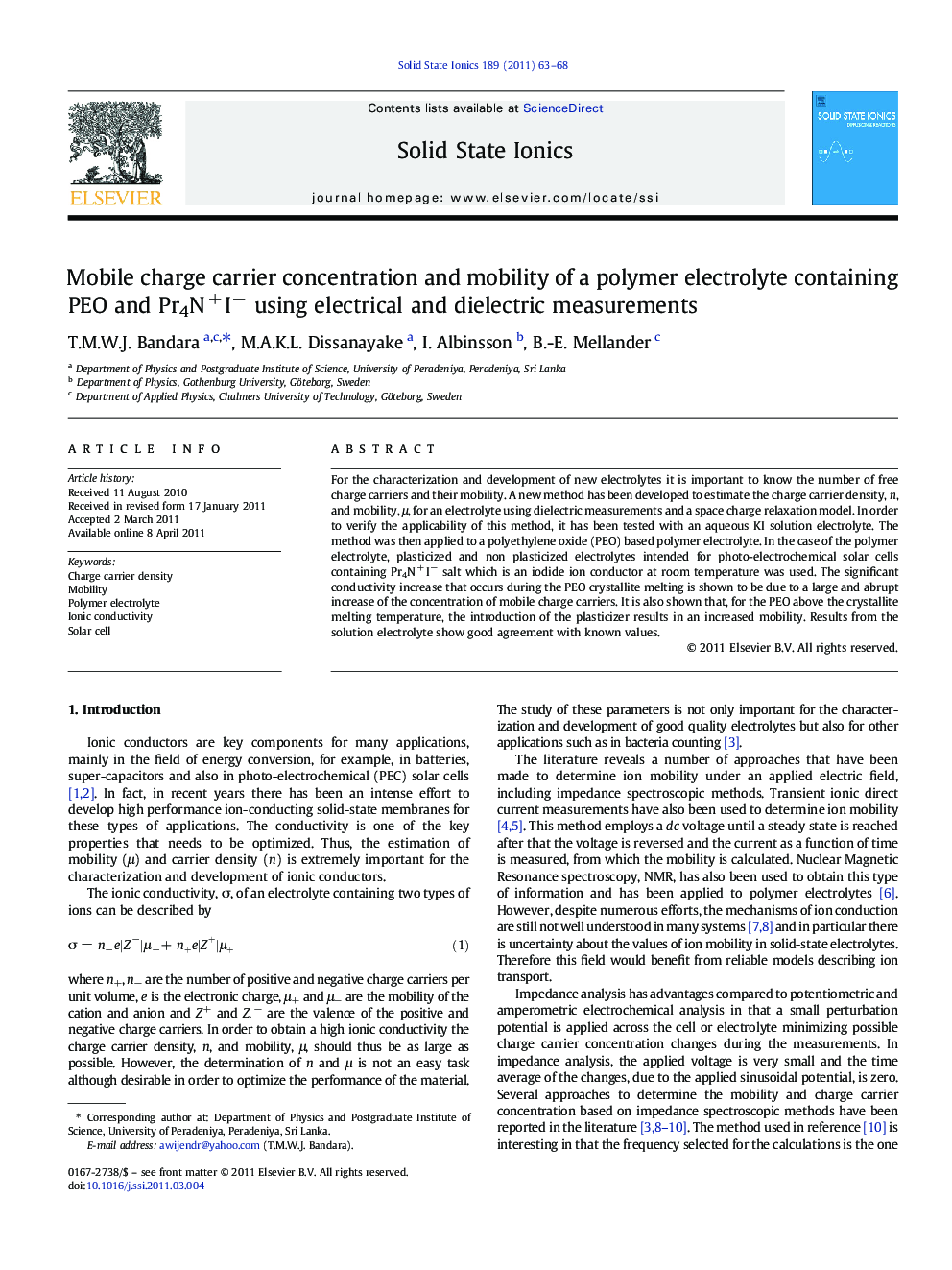 Mobile charge carrier concentration and mobility of a polymer electrolyte containing PEO and Pr4N + I− using electrical and dielectric measurements