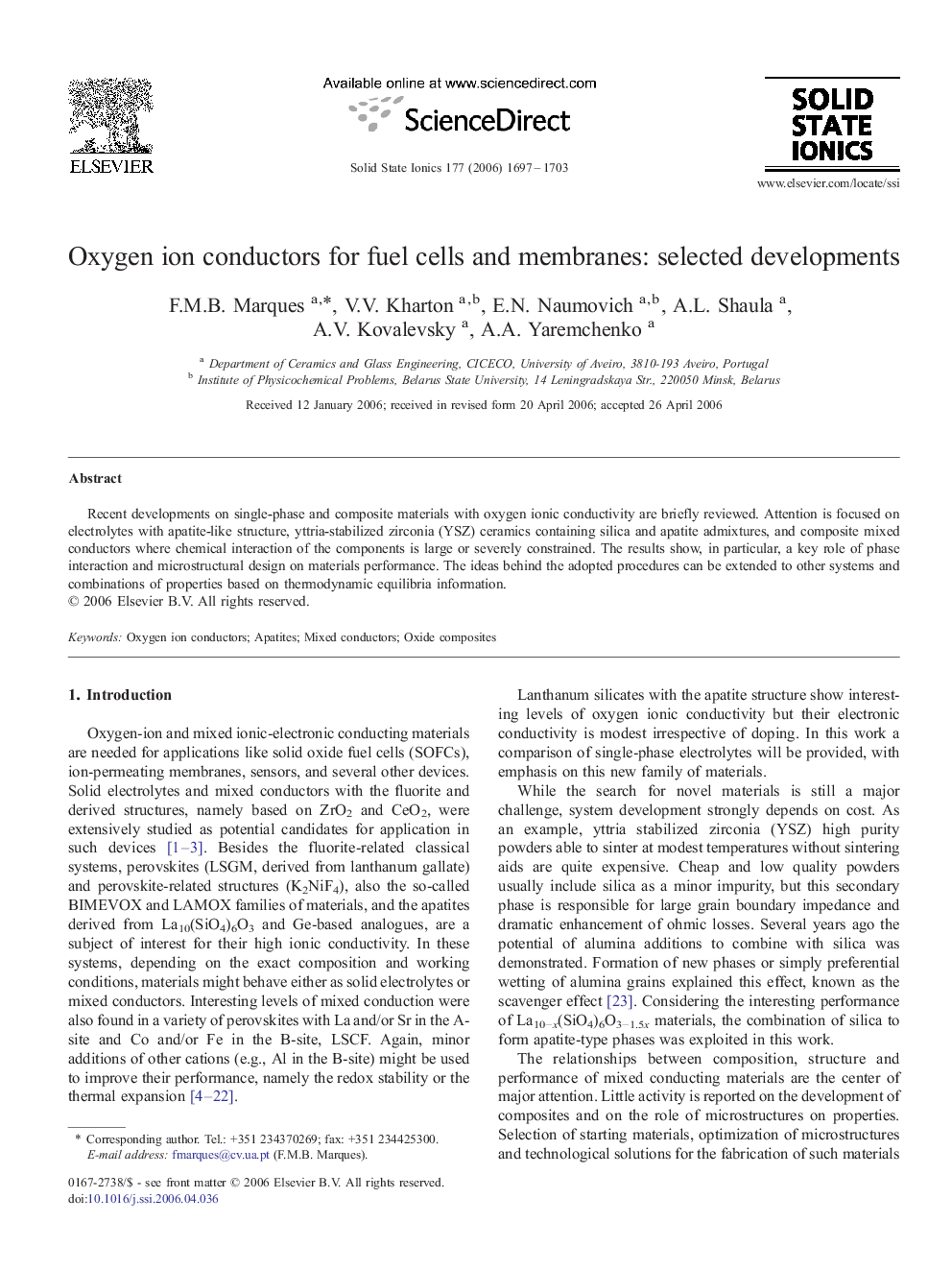 Oxygen ion conductors for fuel cells and membranes: selected developments