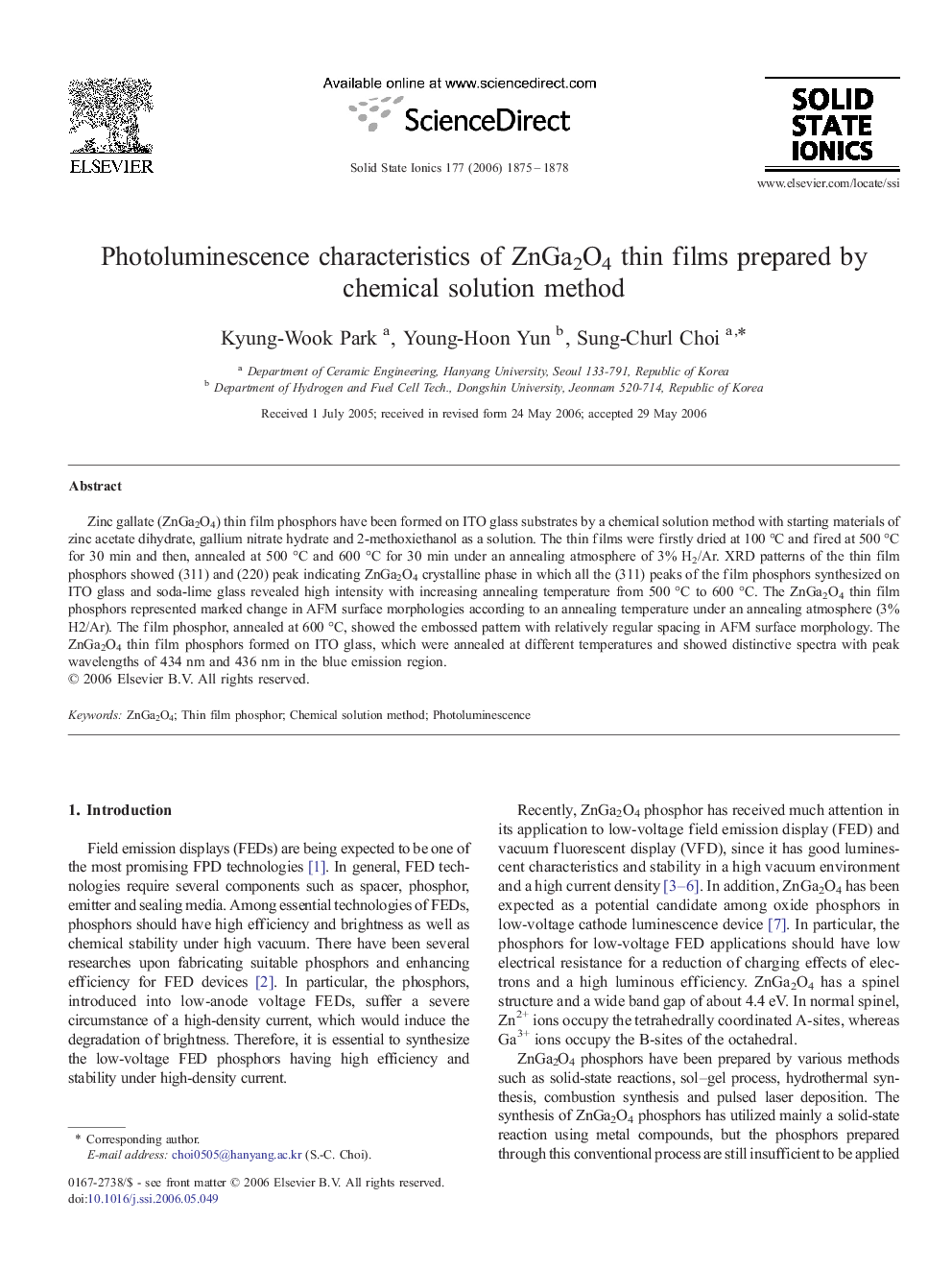 Photoluminescence characteristics of ZnGa2O4 thin films prepared by chemical solution method