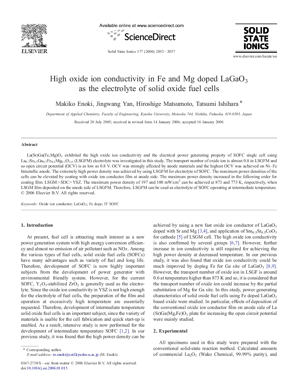 High oxide ion conductivity in Fe and Mg doped LaGaO3 as the electrolyte of solid oxide fuel cells