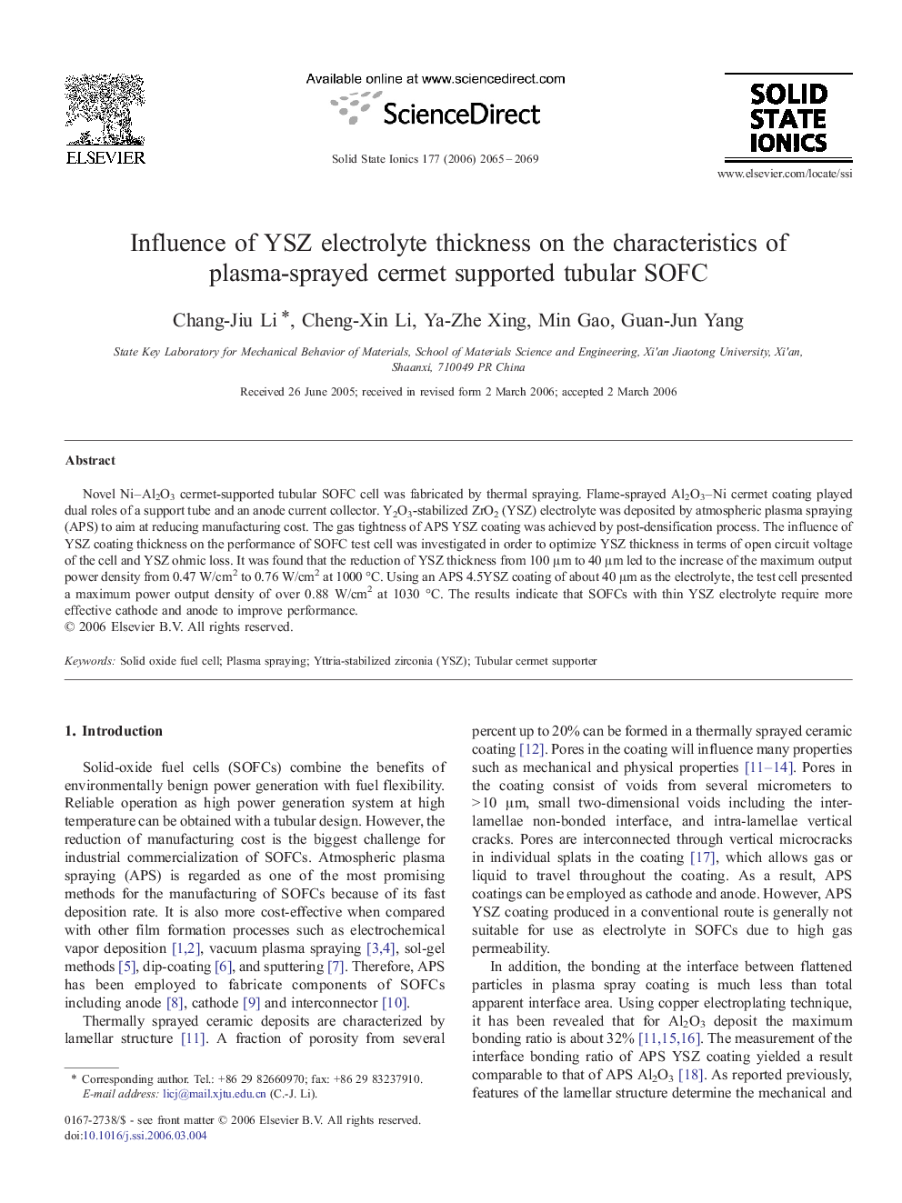 Influence of YSZ electrolyte thickness on the characteristics of plasma-sprayed cermet supported tubular SOFC