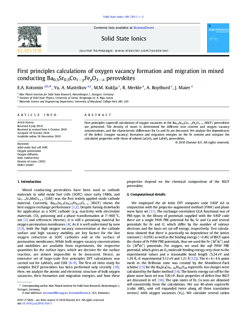 First principles calculations of oxygen vacancy formation and migration in mixed conducting Ba0.5Sr0.5Co1−yFeyO3−δ perovskites