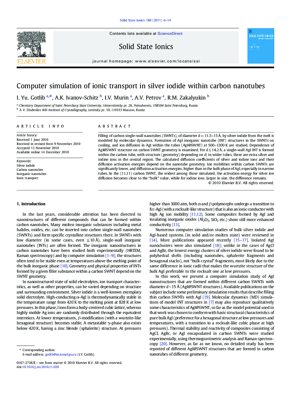 Computer simulation of ionic transport in silver iodide within carbon nanotubes