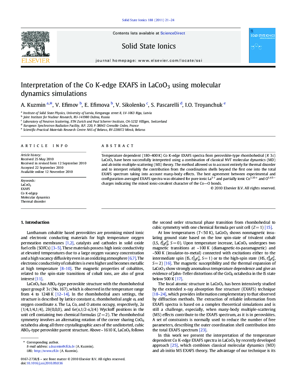 Interpretation of the Co K-edge EXAFS in LaCoO3 using molecular dynamics simulations