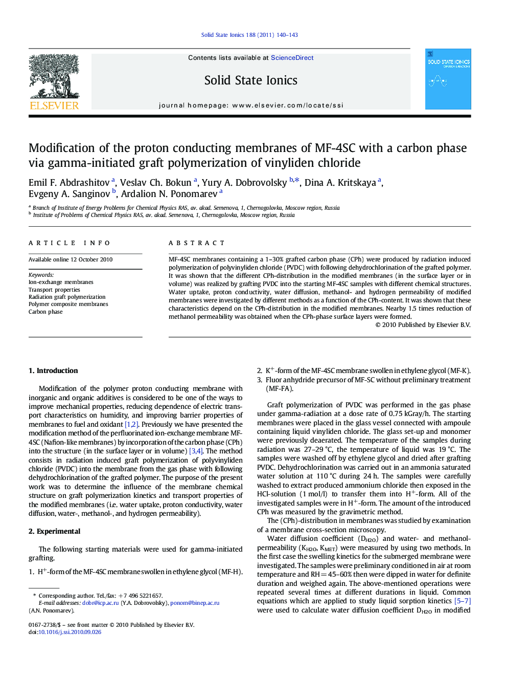 Modification of the proton conducting membranes of MF-4SC with a carbon phase via gamma-initiated graft polymerization of vinyliden chloride