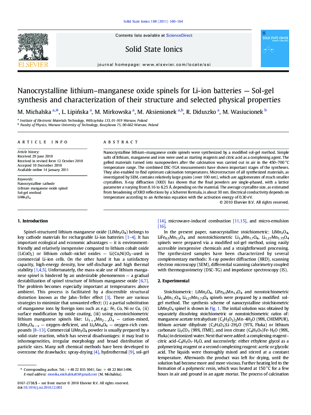 Nanocrystalline lithium–manganese oxide spinels for Li-ion batteries — Sol-gel synthesis and characterization of their structure and selected physical properties