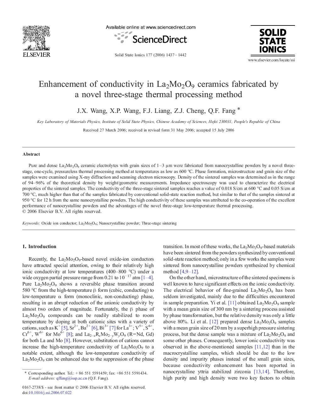 Enhancement of conductivity in La2Mo2O9 ceramics fabricated by a novel three-stage thermal processing method