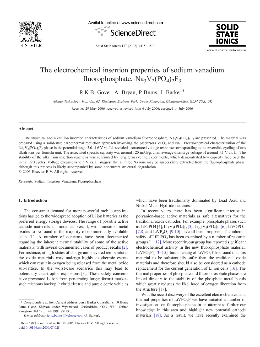 The electrochemical insertion properties of sodium vanadium fluorophosphate, Na3V2(PO4)2F3