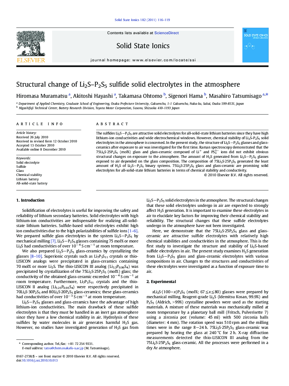 Structural change of Li2S–P2S5 sulfide solid electrolytes in the atmosphere