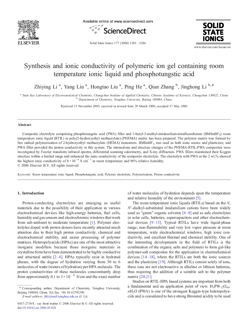 Synthesis and ionic conductivity of polymeric ion gel containing room temperature ionic liquid and phosphotungstic acid