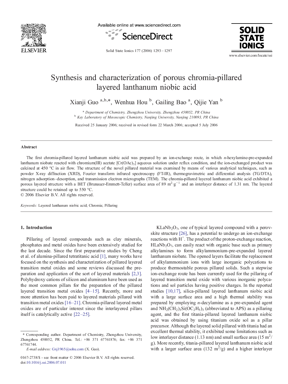Synthesis and characterization of porous chromia-pillared layered lanthanum niobic acid