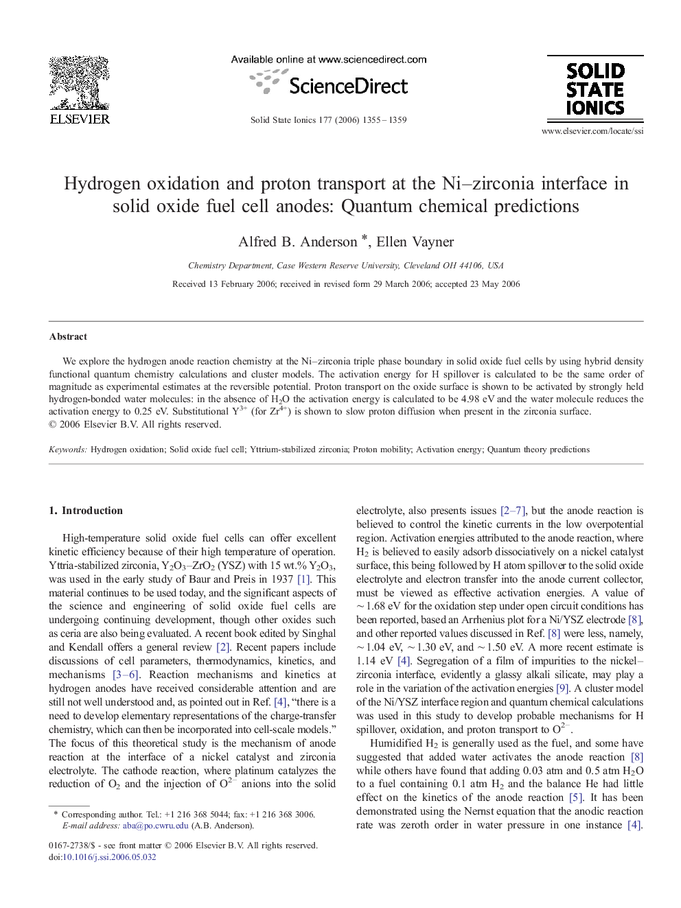 Hydrogen oxidation and proton transport at the Ni–zirconia interface in solid oxide fuel cell anodes: Quantum chemical predictions