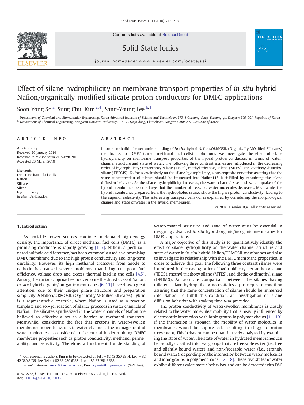 Effect of silane hydrophilicity on membrane transport properties of in-situ hybrid Nafion/organically modified silicate proton conductors for DMFC applications