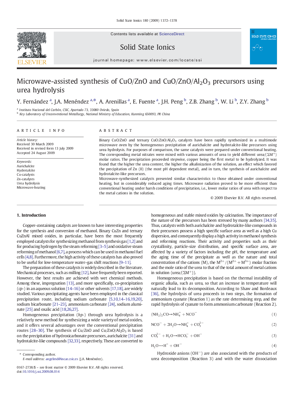 Microwave-assisted synthesis of CuO/ZnO and CuO/ZnO/Al2O3 precursors using urea hydrolysis