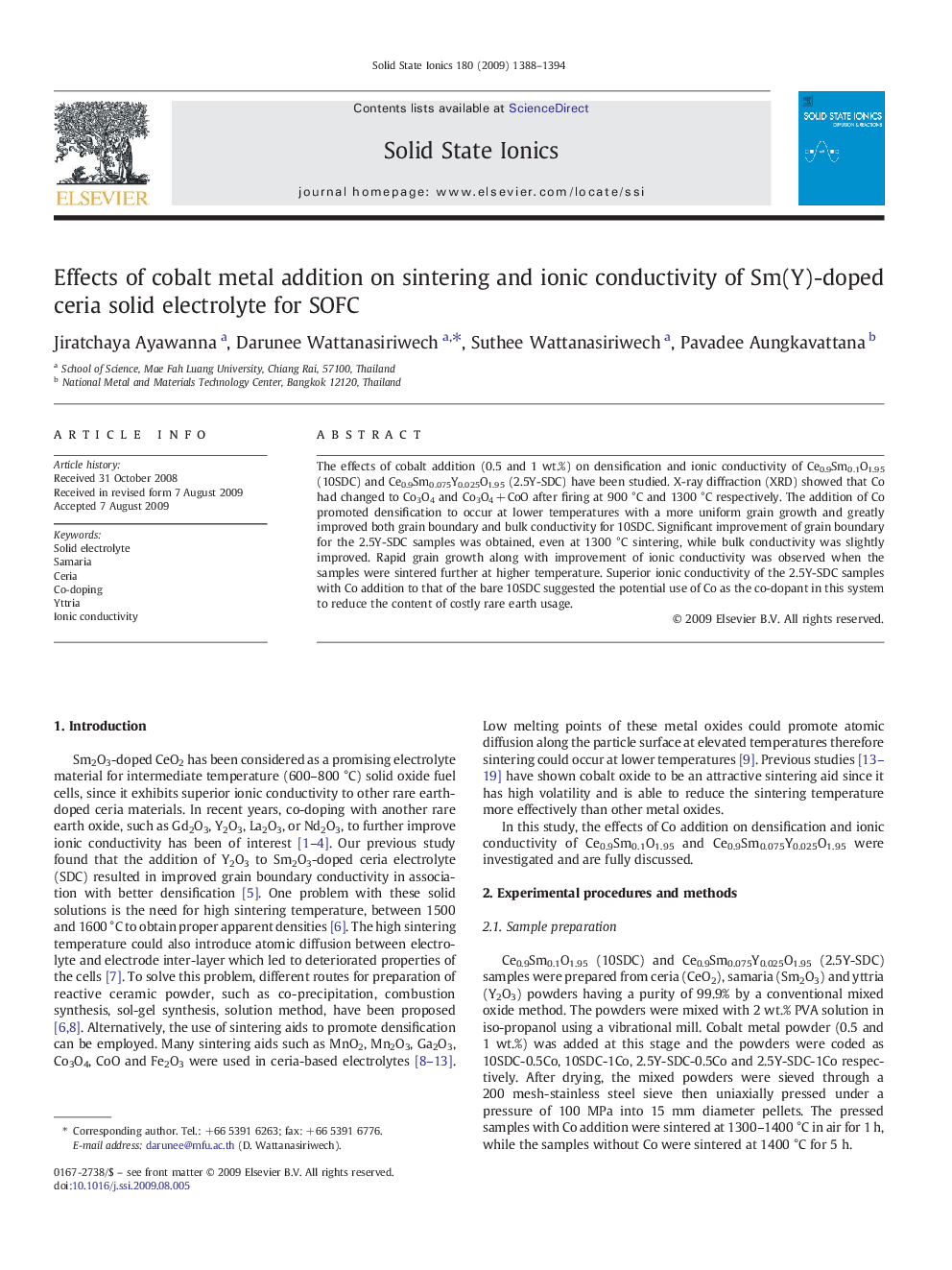 Effects of cobalt metal addition on sintering and ionic conductivity of Sm(Y)-doped ceria solid electrolyte for SOFC