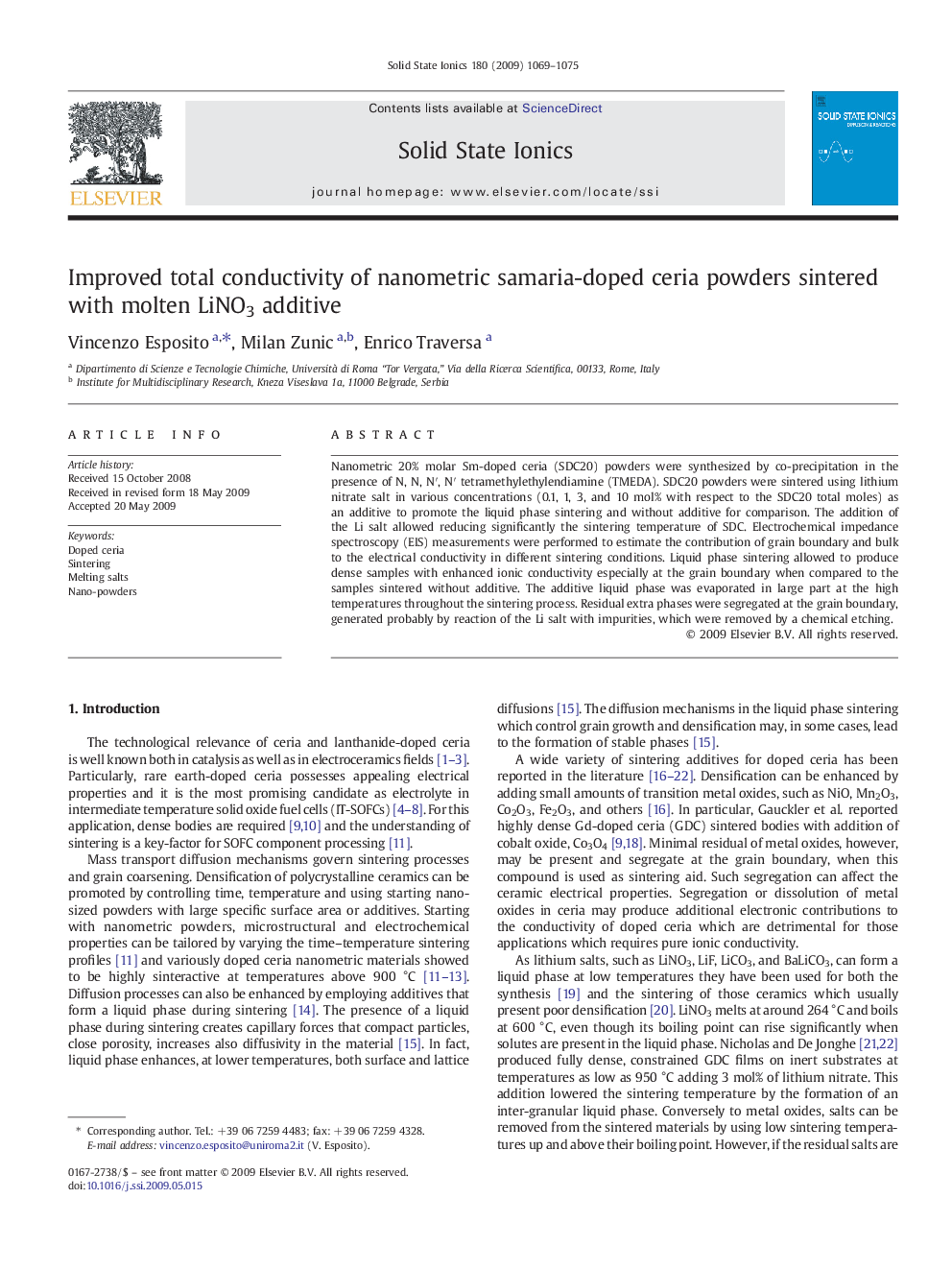 Improved total conductivity of nanometric samaria-doped ceria powders sintered with molten LiNO3 additive