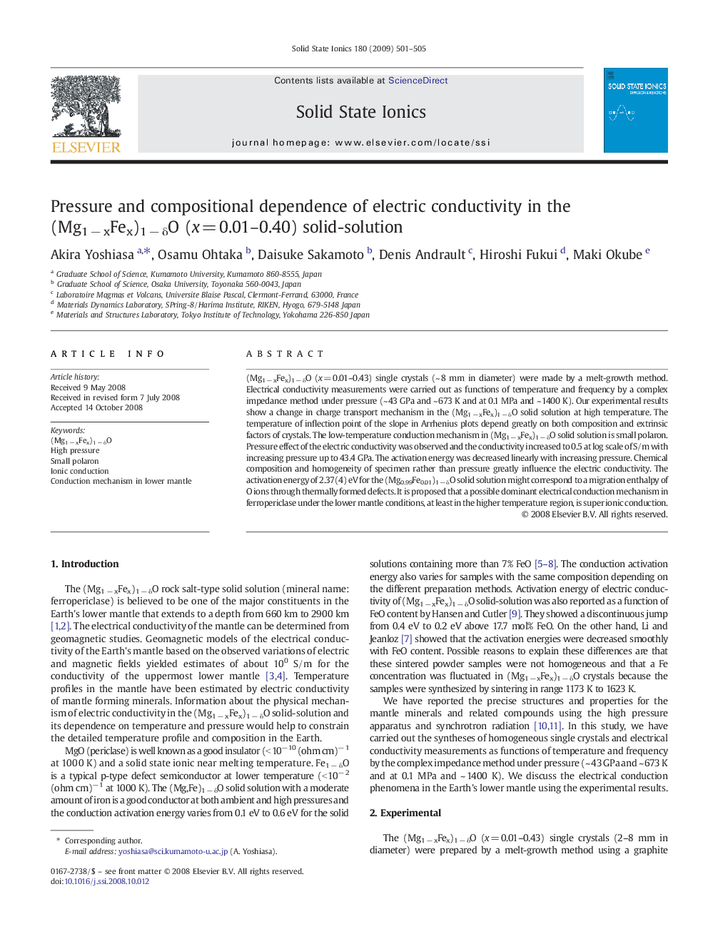 Pressure and compositional dependence of electric conductivity in the (Mg1Â âÂ xFex)1Â âÂ Î´O (xÂ =Â 0.01-0.40) solid-solution