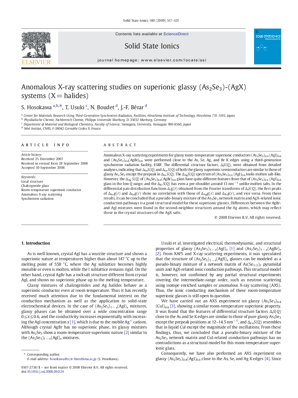 Anomalous X-ray scattering studies on superionic glassy (As2Se3)-(AgX) systems (XÂ =Â halides)