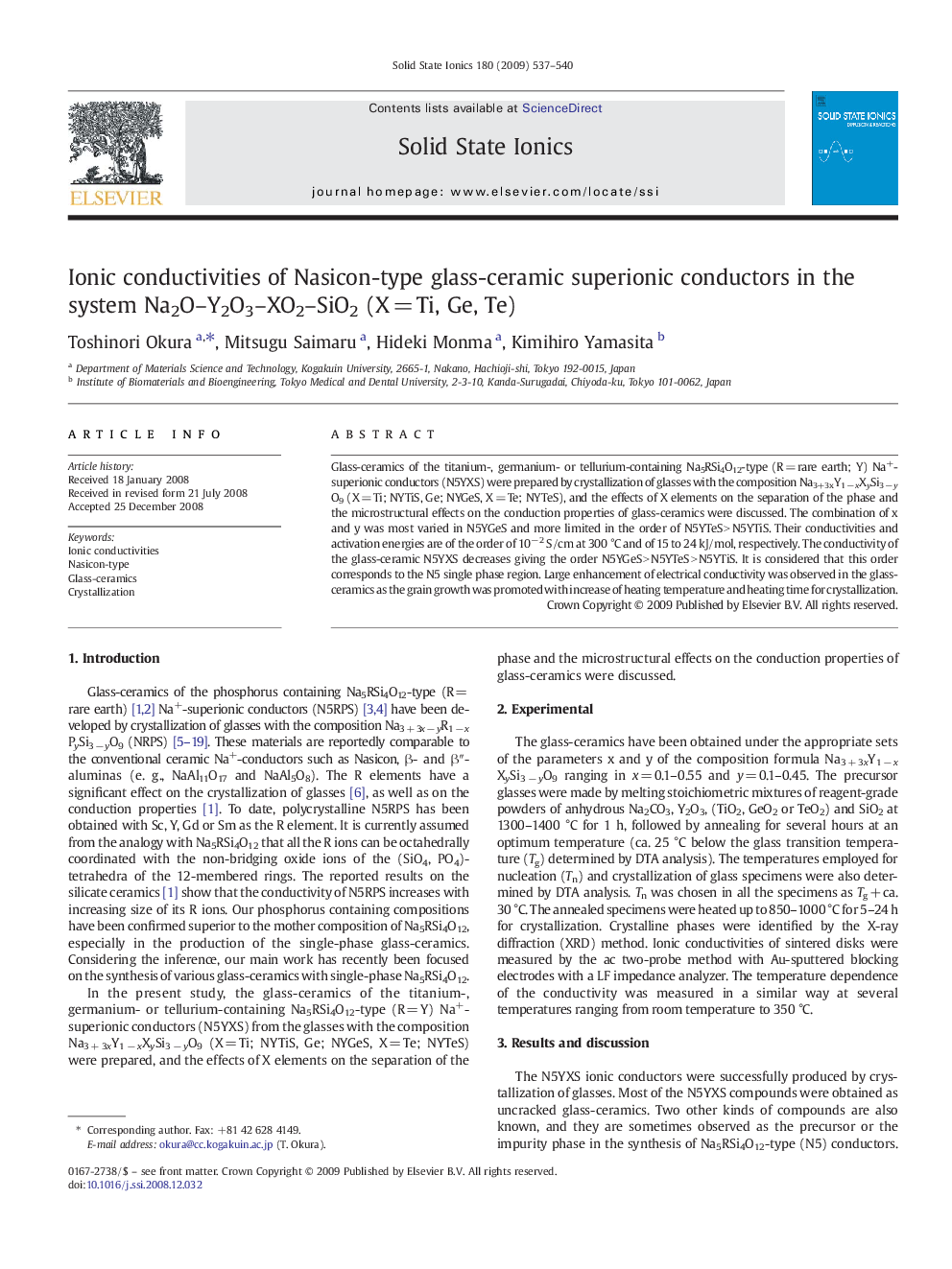 Ionic conductivities of Nasicon-type glass-ceramic superionic conductors in the system Na2O–Y2O3–XO2–SiO2 (X = Ti, Ge, Te)