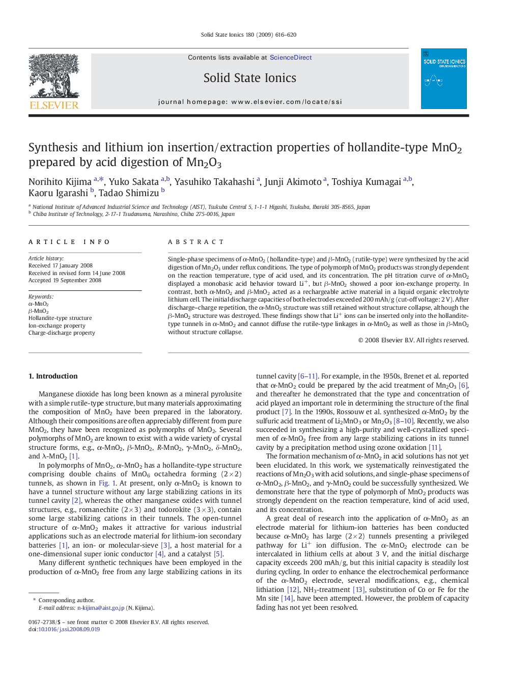 Synthesis and lithium ion insertion/extraction properties of hollandite-type MnO2 prepared by acid digestion of Mn2O3