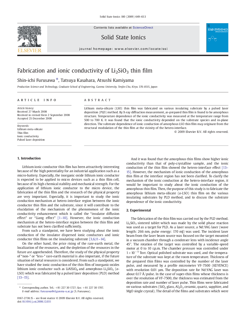 Fabrication and ionic conductivity of Li2SiO3 thin film