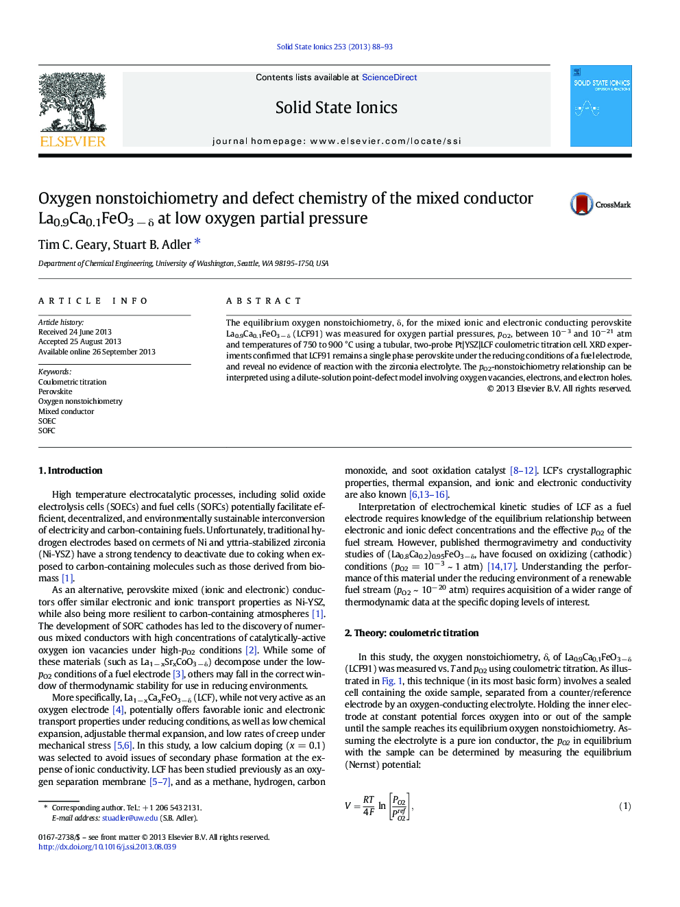 Oxygen nonstoichiometry and defect chemistry of the mixed conductor La0.9Ca0.1FeO3 − δ at low oxygen partial pressure